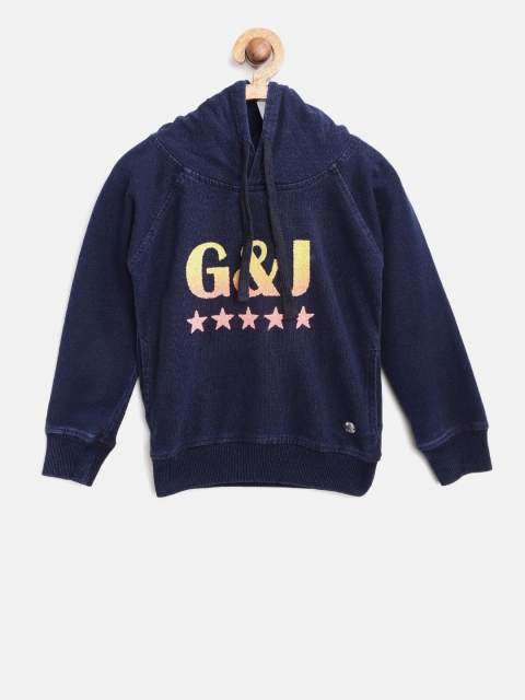 

Gini and Jony Girls Navy Blue embossed Print Hooded Chambray Sweatshirt