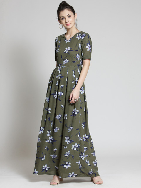 

plusS Women Olive Green Printed Maxi Dress