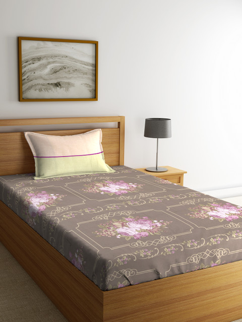 

Trident Brown Floral Flat 144 TC Cotton 1 Single Bedsheet with 1 Pillow Covers