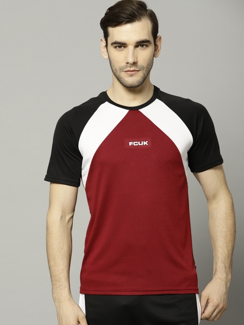 

French Connection Men Maroon Colourblocked Round Neck T-shirt