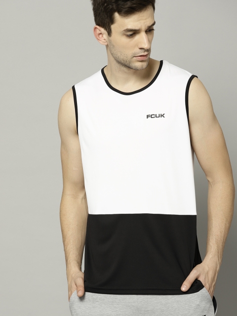 

French Connection Men White & Black Colourblocked Round Neck T-shirt