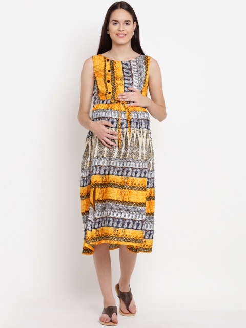 

Mine4Nine Women Yellow Printed Fit and Flare Maternity Dress