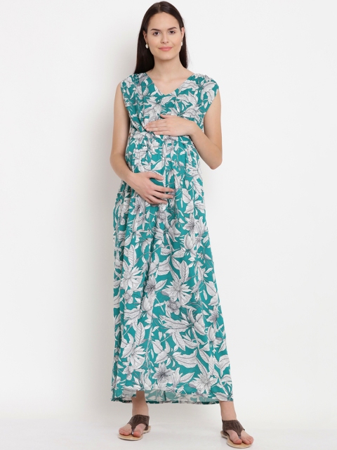 

Mine4Nine Women Green Printed Maxi Maternity Dress