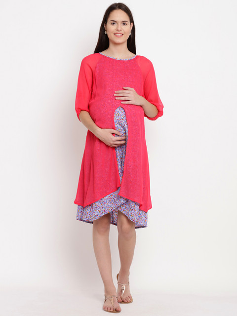 

Mine4Nine Women Blue Printed A-Line Maternity Dress
