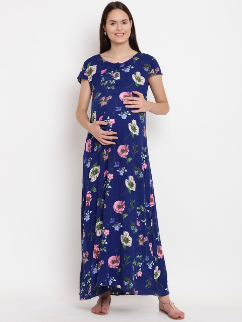 

Mine4Nine Women Navy Blue Printed Maxi Maternity Dress