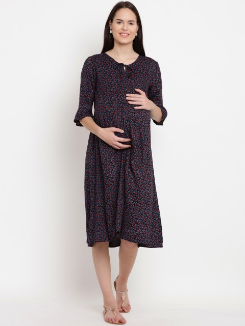 

Mine4Nine Women Black Printed Fit and Flare Maternity Dress