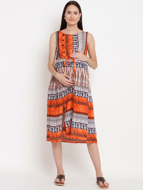 

Mine4Nine Women Orange Printed Fit and Flare Maternity Dress