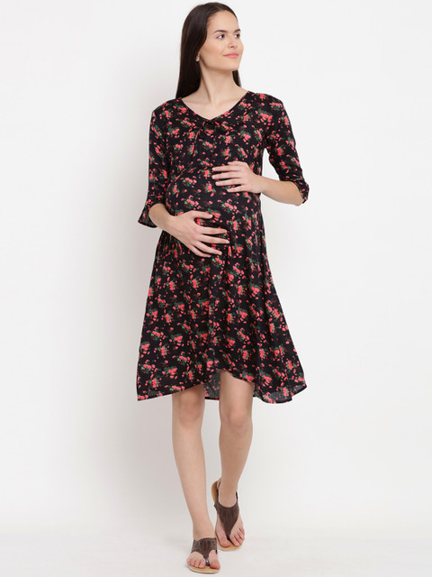 

Mine4Nine Women Black Printed Fit and Flare Maternity Dress