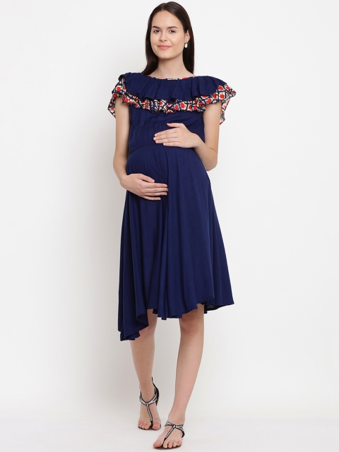 

Mine4Nine Women Navy Blue Printed Fit and Flare Maternity Dress