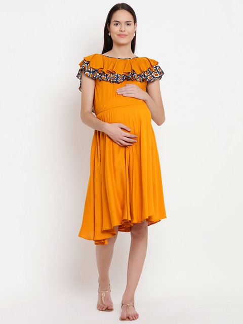 

Mine4Nine Women Mustard Printed Fit and Flare Maternity Dress