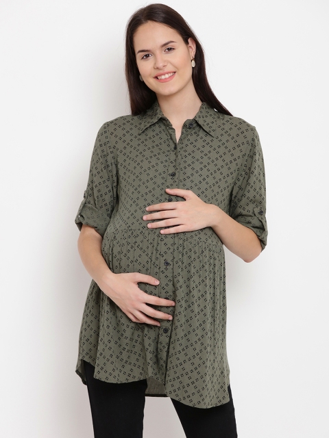 

Mine4Nine Women Olive Green Printed Shirt Style Maternity Top
