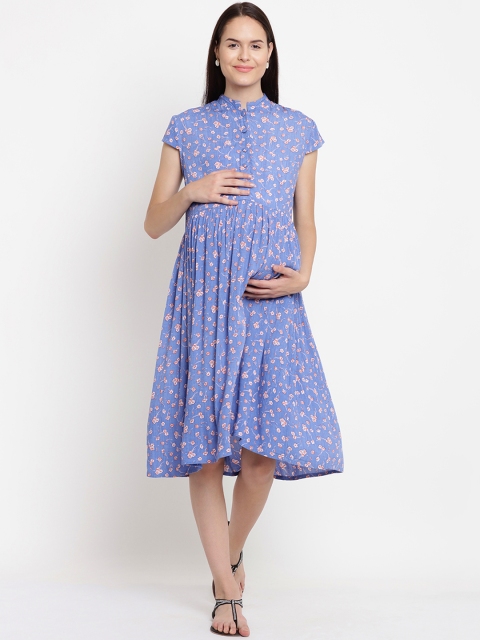 

Mine4Nine Women Blue Printed Fit and Flare Maternity Dress