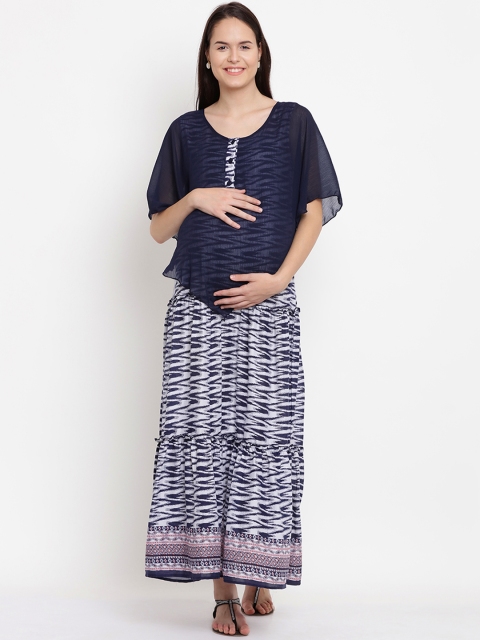 

Mine4Nine Women White & Navy Blue Printed Maxi Maternity Dress