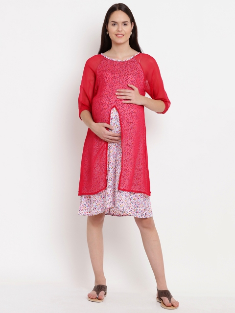 

Mine4Nine Women White & Red Printed A-Line Maternity Dress