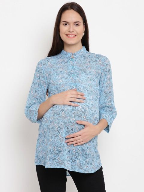 

Mine4Nine Women Blue Printed High-Low Maternity Top
