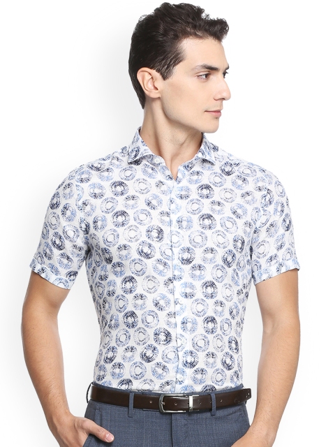

SIMON CARTER LONDON Men White & Blue Slim Fit Printed Semiformal Linen Shirt
