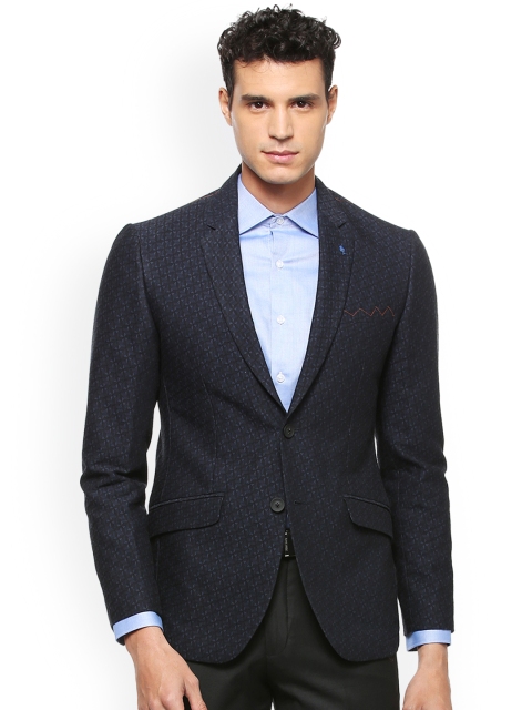 

SIMON CARTER LONDON Black & Navy Self-Design Slim Fit Single-Breasted Blazer