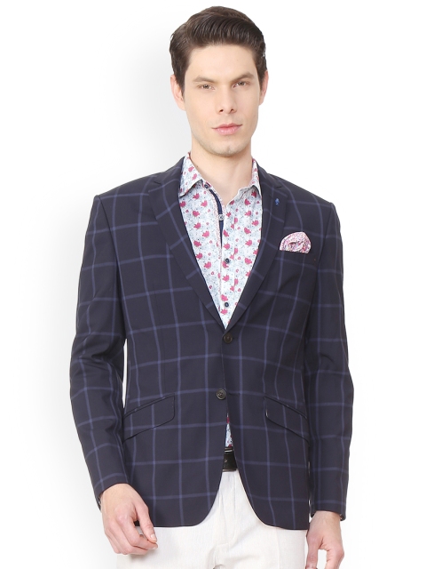 

SIMON CARTER LONDON Navy Checked Slim Fit Single-Breasted Blazer, Navy blue