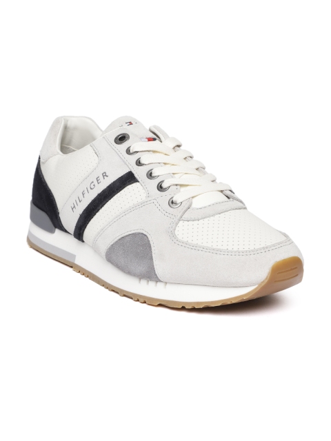 

Tommy Hilfiger Men Off-White & Grey Leather Perforated Sneakers