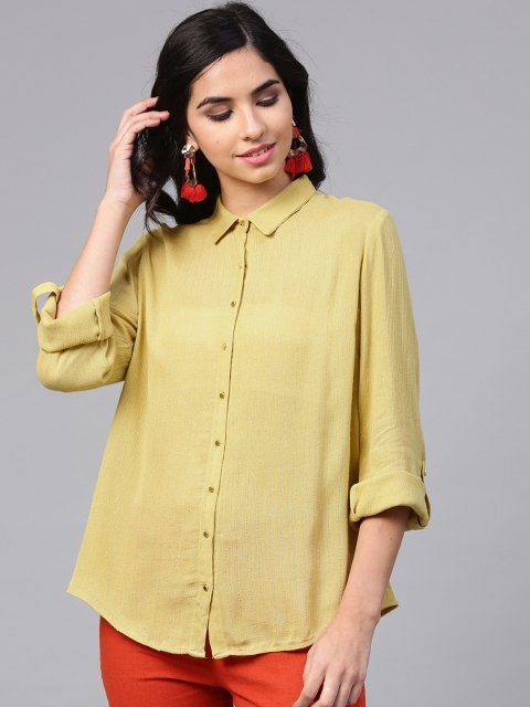 

W Women Mustard Yellow Regular Fit Self Striped Casual Shirt