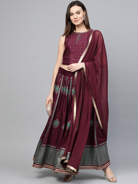 

W Wine-Coloured & Green Embellished Ready to Wear Lehenga & Blouse with Dupatta, Purple