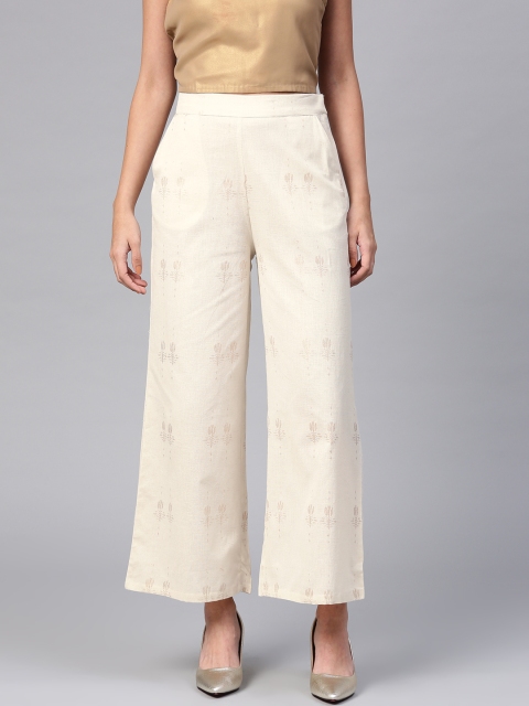 

W Women Off-White & Golden Printed Straight Palazzos