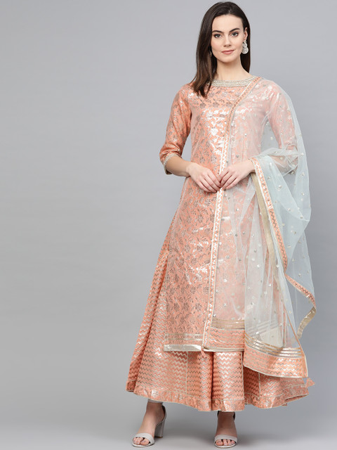 

Wishful by W Women Peach-Coloured & Blue Woven Design Kurta with Palazzos & Dupatta