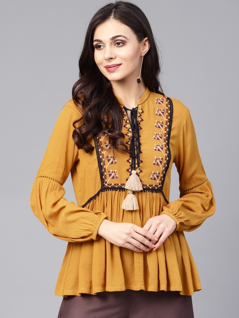 

W Women Mustard Yellow Embroidered Empire Top