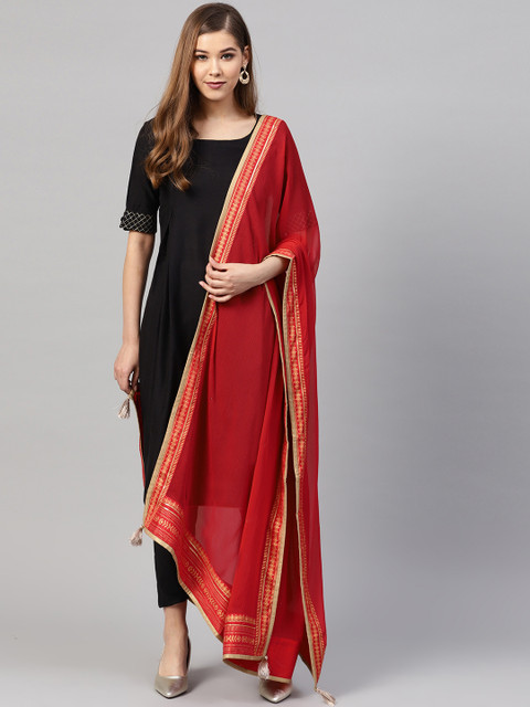 

W Red Solid Dupatta with Mukaish Work