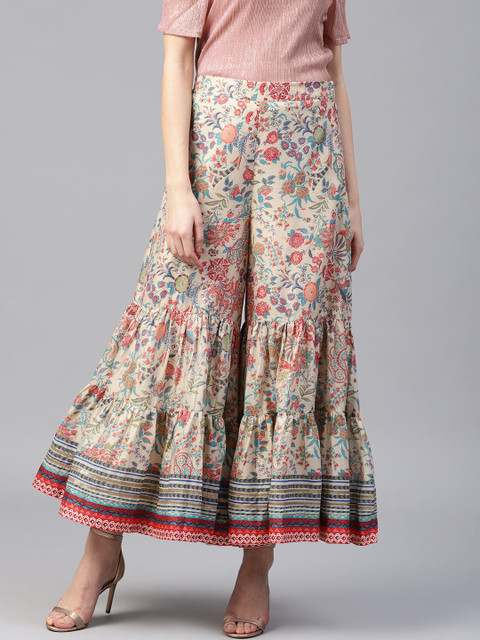 

W Women Beige & Blue Printed Flared Palazzos