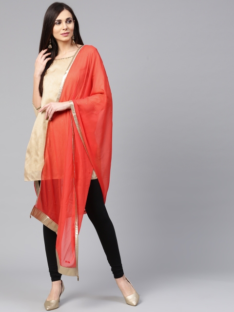 

W Coral Red Mukaish Work Dupatta