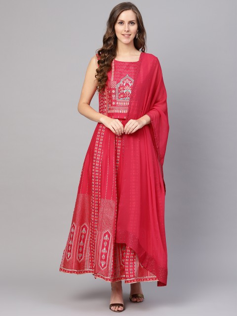 

W Women Pink & Green Printed Top with Skirt & Dupatta