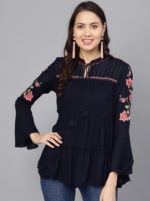 

W Women Navy Blue Embroidered Detail Tiered Top