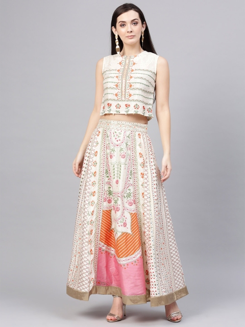

W Women Off-White & Orange Printed Crop Top with Skirt & Ethnic Jacket