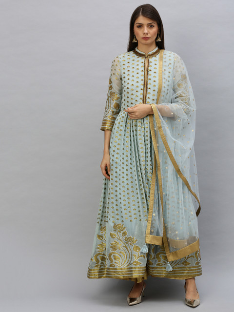 

W Women Blue & Gold-Toned Embroidered Kurta with Skirt & Dupatta