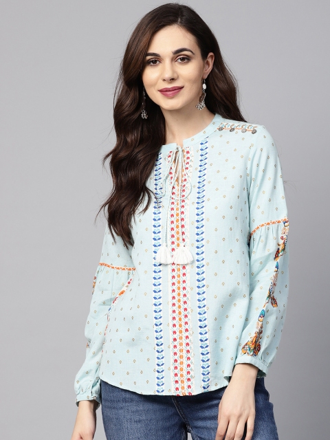 

W Women Blue & Golden Printed Top