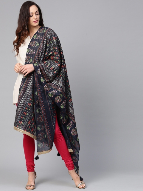 

W Navy Blue & Red Printed Dupatta