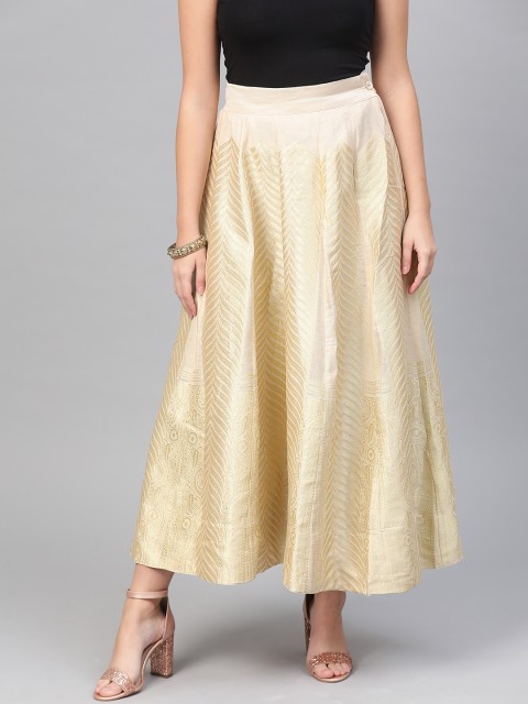 

Wishful by W Women Cream-Coloured & Golden Self-Design Maxi Flared Skirt