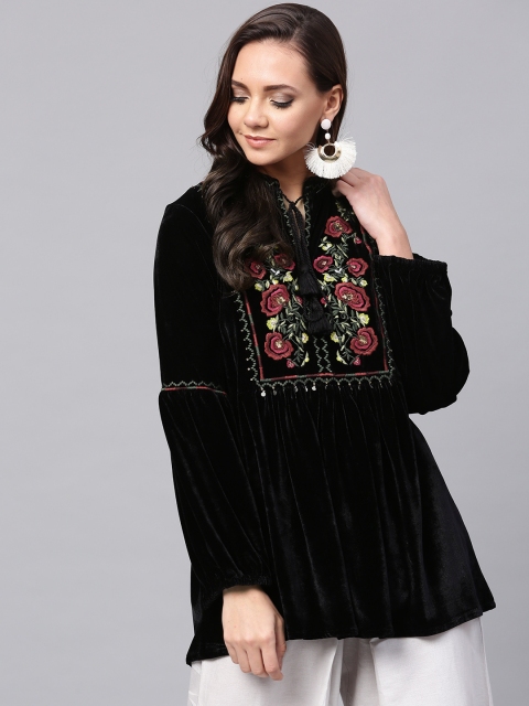 

W Women Black Embroidered Velvet Finish A-Line Top