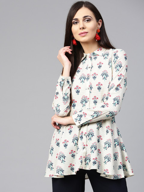 

W Women Off-White & Green Regular Fit Printed Casual Shirt