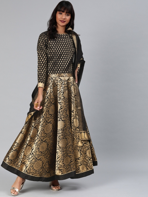 

W Women Black & Gold-Coloured Woven Design Top with Skirt & Dupatta