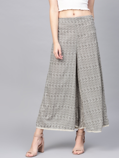 

W Women Grey & Off-White Printed Flared Palazzos