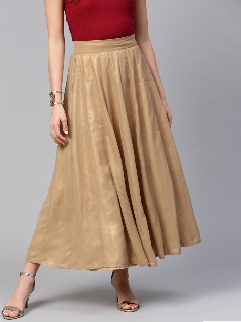 

W Women Golden Solid Shimmery Maxi Skirt, Gold