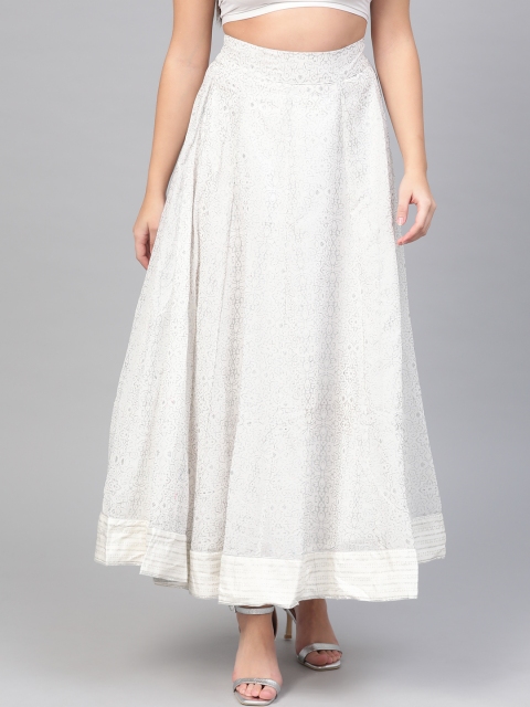 

WISHFUL by W Women White & Silver Printed Maxi Flared Skirt