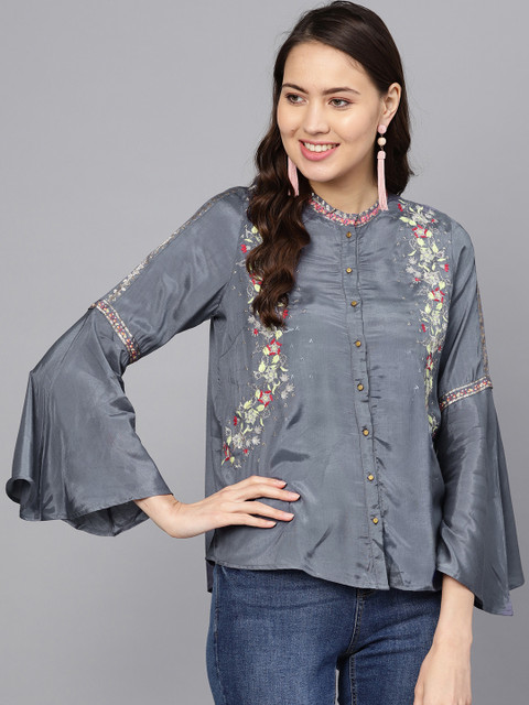 

W Women Grey Regular Fit Embroidered Casual Shirt