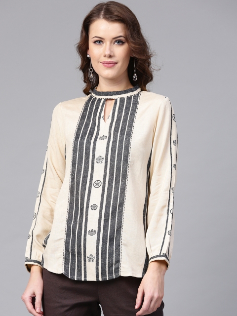 

W Women Off-White & Charcoal Grey Striped Top with Printed Detail