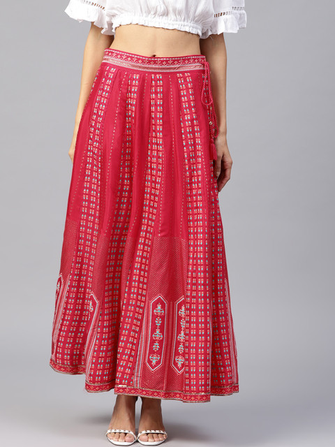 

W Women Fuchsia & Blue Printed Maxi Flared Skirt
