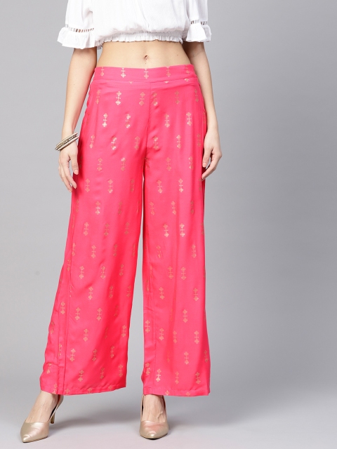 

W Women Pink & Golden Straight Printed Palazzos