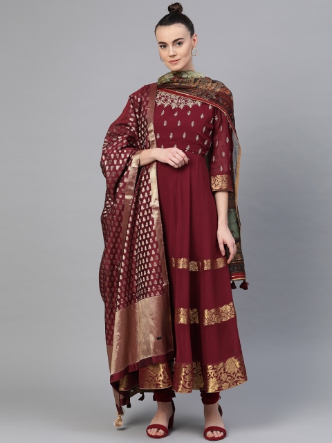 

W Women Maroon & Golden Yoke Design Kurta with Churidar & Dupatta