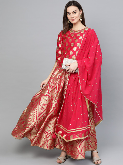 

WISHFUL by W Pink & Golden Woven Design Ready to Wear Lehenga & Blouse with Dupatta